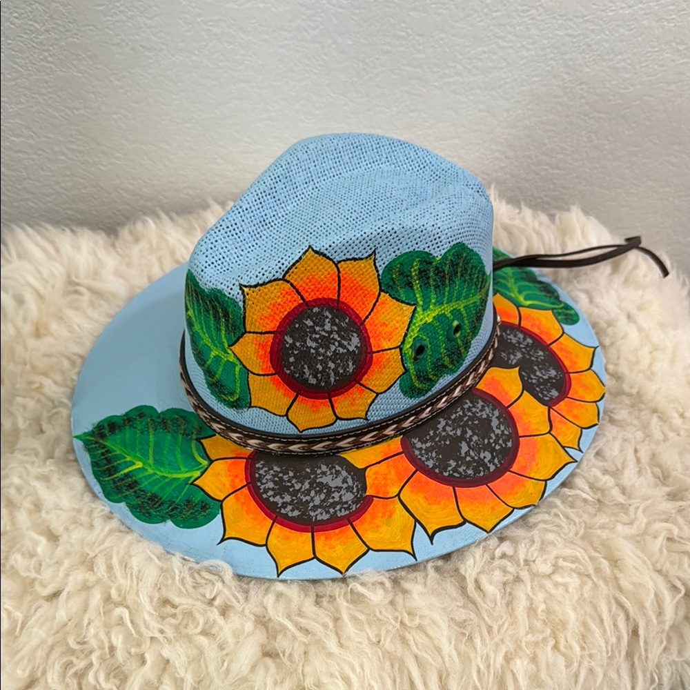 Sunflower Painted Blue Hat